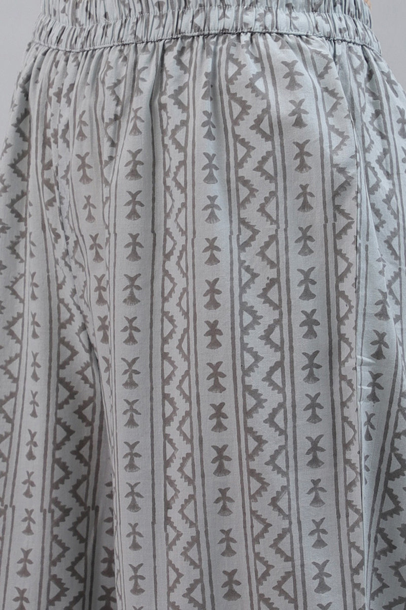 Cotton Grey Paisley Printed Straight Kurta Palazzo Dupatta Set | SHOBITAM