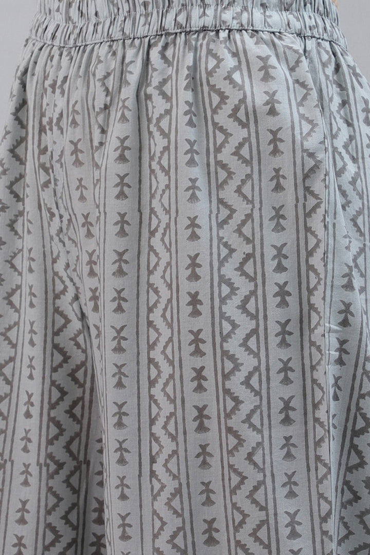Cotton Grey Paisley Printed Straight Kurta Palazzo Dupatta Set | SHOBITAM