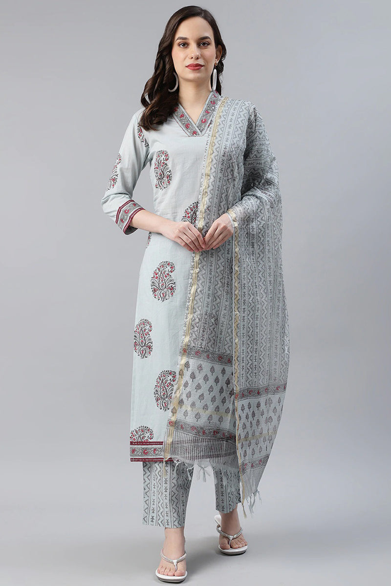 Cotton Grey Paisley Printed Straight Kurta Palazzo Dupatta Set | SHOBITAM