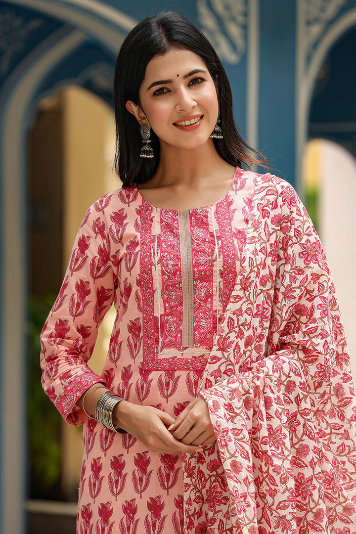 Pink Rayon Blend Floral Printed Straight Suit Set   | SHOBITAM