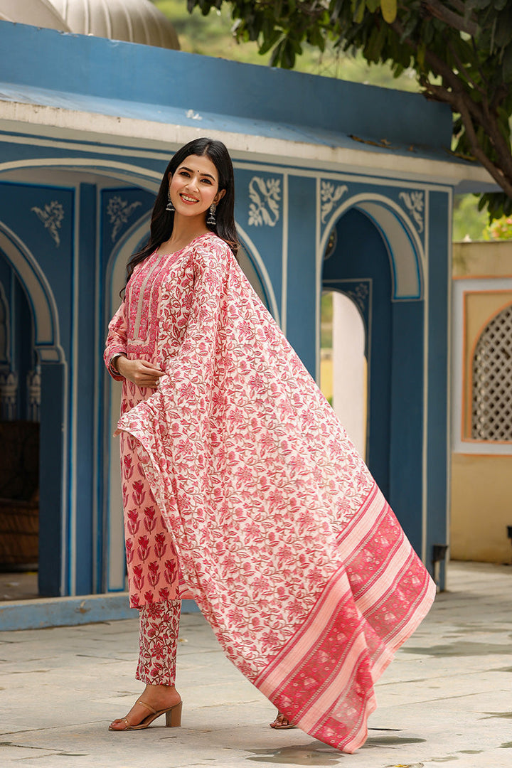 Pink Rayon Blend Floral Printed Straight Suit Set   | SHOBITAM
