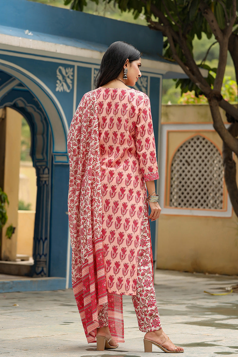 Pink Rayon Blend Floral Printed Straight Suit Set   | SHOBITAM