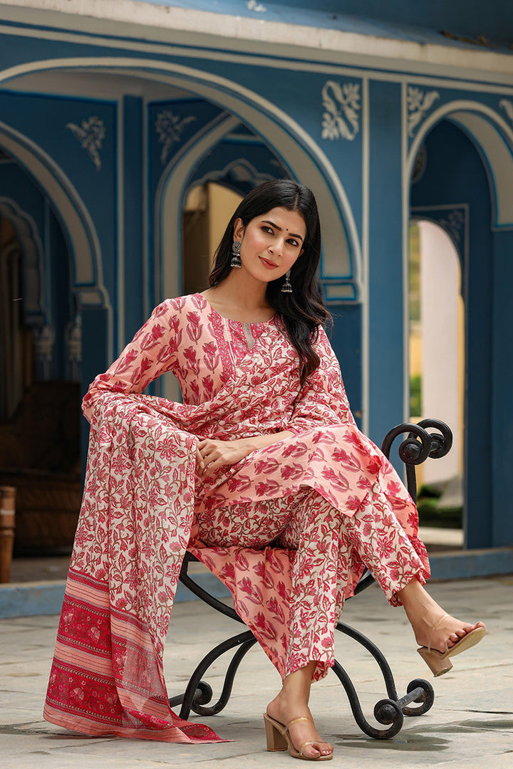 Pink Rayon Blend Floral Printed Straight Suit Set   | SHOBITAM