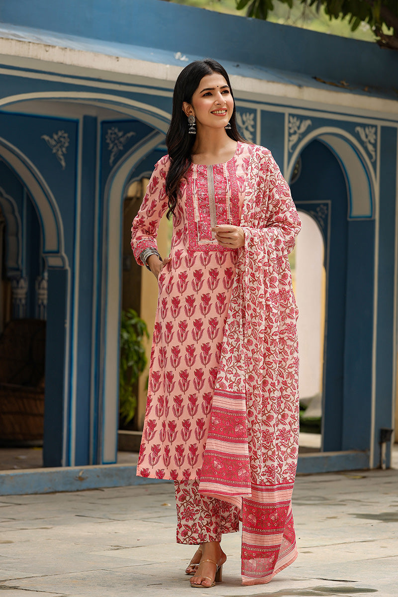 Pink Rayon Blend Floral Printed Straight Suit Set   | SHOBITAM