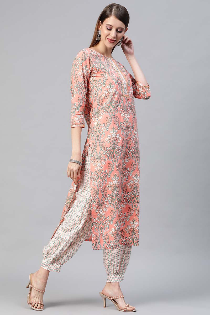 Peach Cotton Ethnic Motifs Printed Straight Suit Set | SHOBITAM