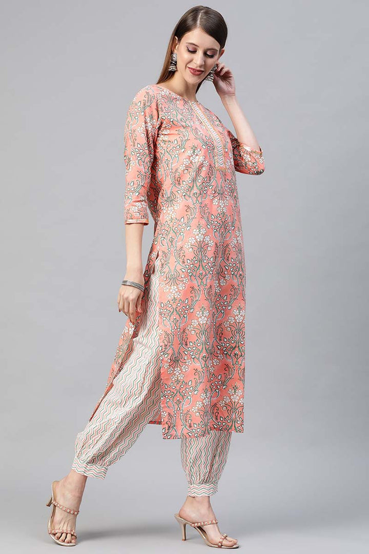 Peach Cotton Ethnic Motifs Printed Straight Suit Set | SHOBITAM