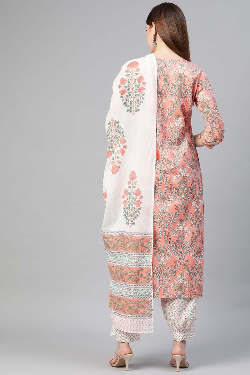 Peach Cotton Ethnic Motifs Printed Straight Suit Set | SHOBITAM