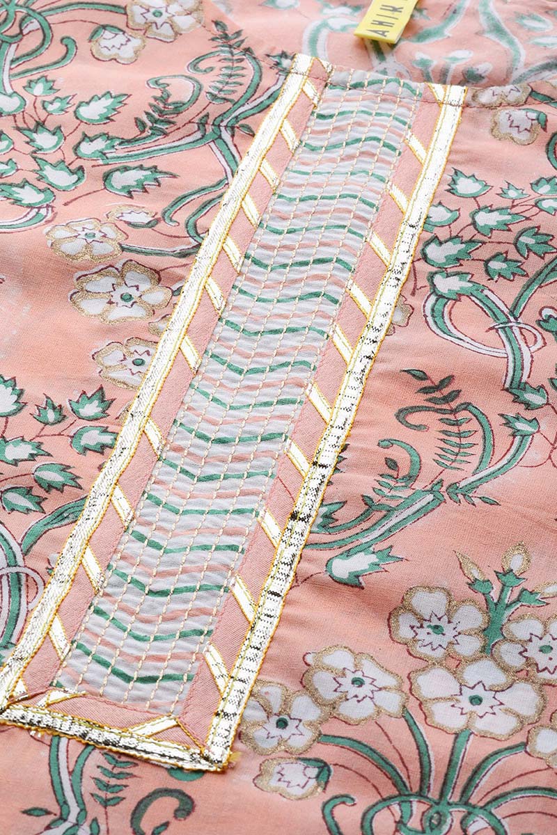 Peach Cotton Ethnic Motifs Printed Straight Suit Set | SHOBITAM