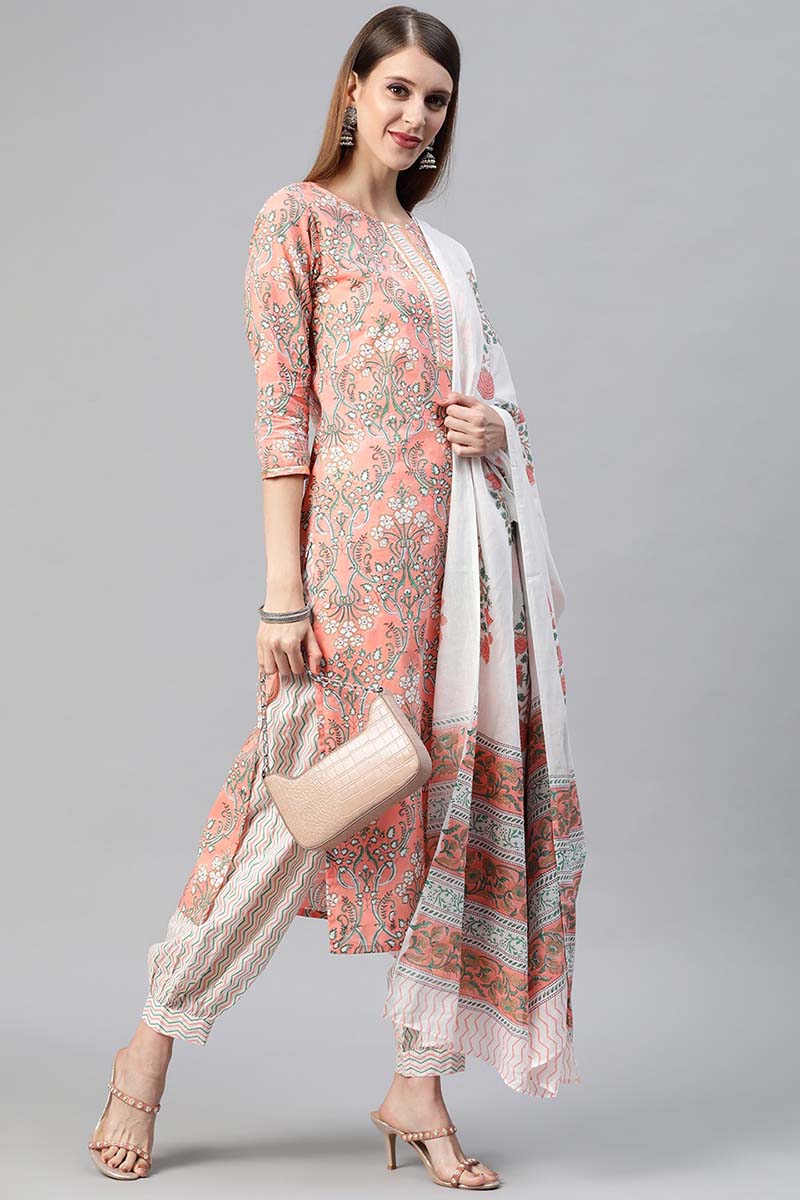 Peach Cotton Ethnic Motifs Printed Straight Suit Set | SHOBITAM