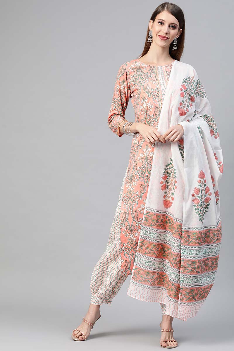 Peach Cotton Ethnic Motifs Printed Straight Suit Set | SHOBITAM