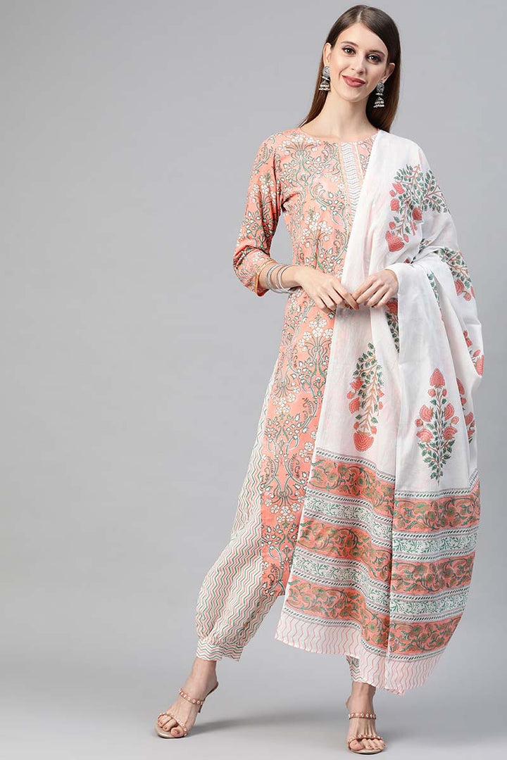 Peach Cotton Ethnic Motifs Printed Straight Suit Set | SHOBITAM