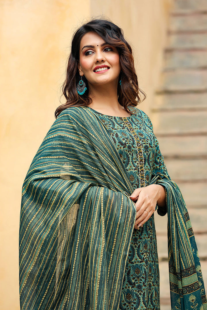 Green Rayon Blend Ethnic Motifs Suit Set | SHOBITAM