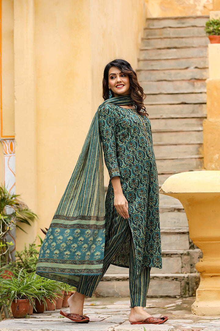 Green Rayon Blend Ethnic Motifs Suit Set | SHOBITAM
