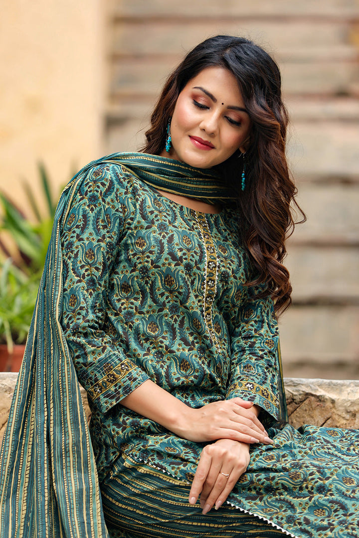 Green Rayon Blend Ethnic Motifs Suit Set | SHOBITAM