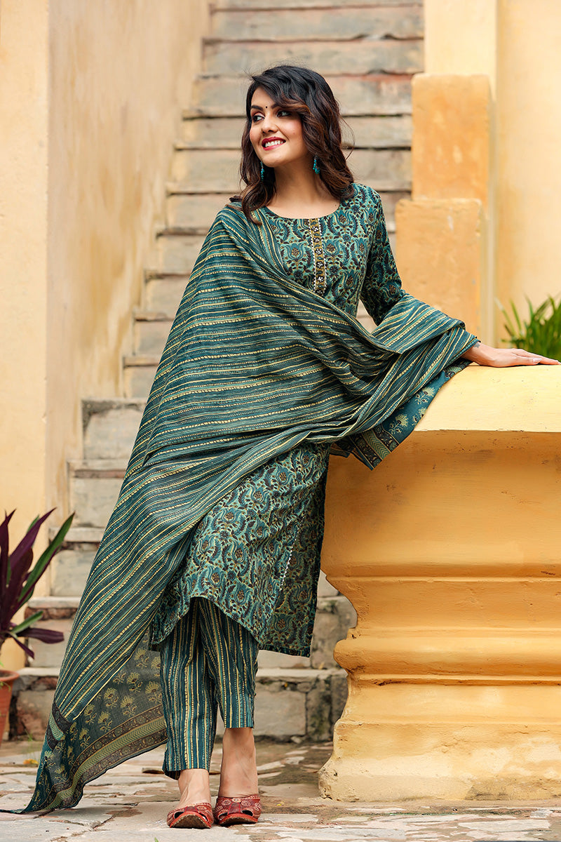 Green Rayon Blend Ethnic Motifs Suit Set | SHOBITAM
