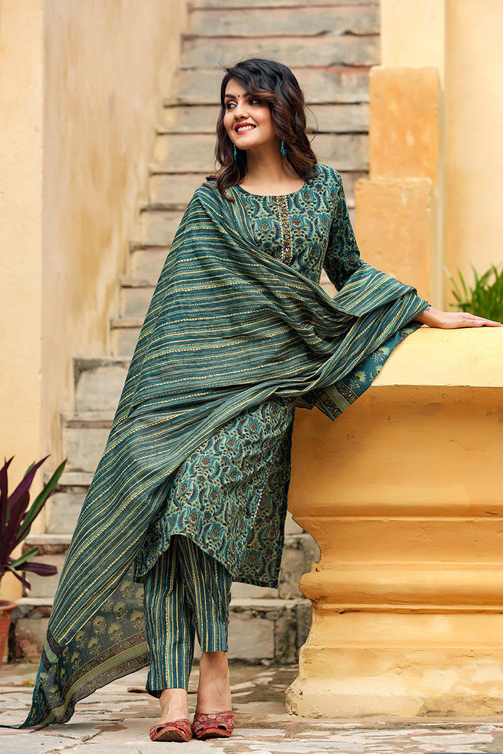 Green Rayon Blend Ethnic Motifs Suit Set | SHOBITAM