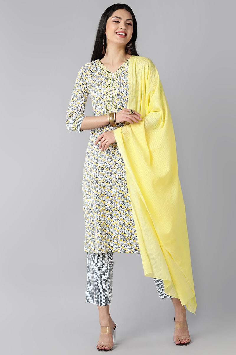 White Navy Blue Pure Cotton Kurta with Trousers Dupatta    | SHOBITAM