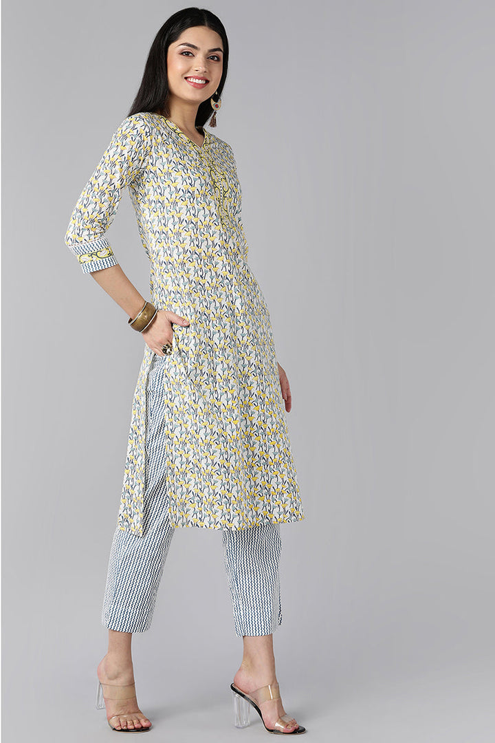 White Navy Blue Pure Cotton Kurta with Trousers Dupatta    | SHOBITAM