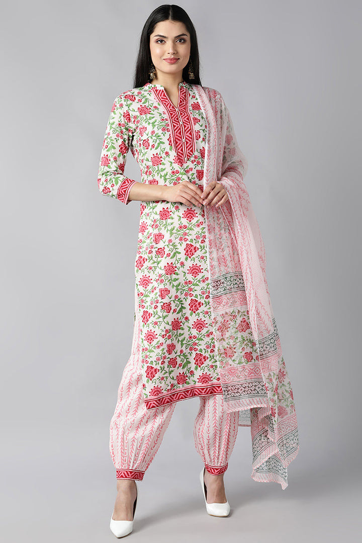 White Pink Printed Cotton Kurta with Salwar and Dupatta – Ahika | SHOBITAM