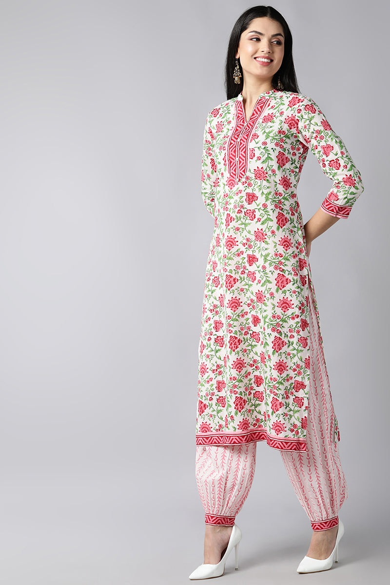 White Pink Printed Cotton Kurta with Salwar and Dupatta – Ahika | SHOBITAM