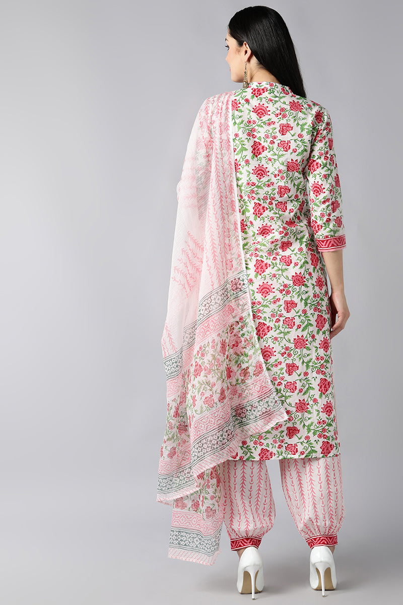 White Pink Printed Cotton Kurta with Salwar and Dupatta – Ahika | SHOBITAM