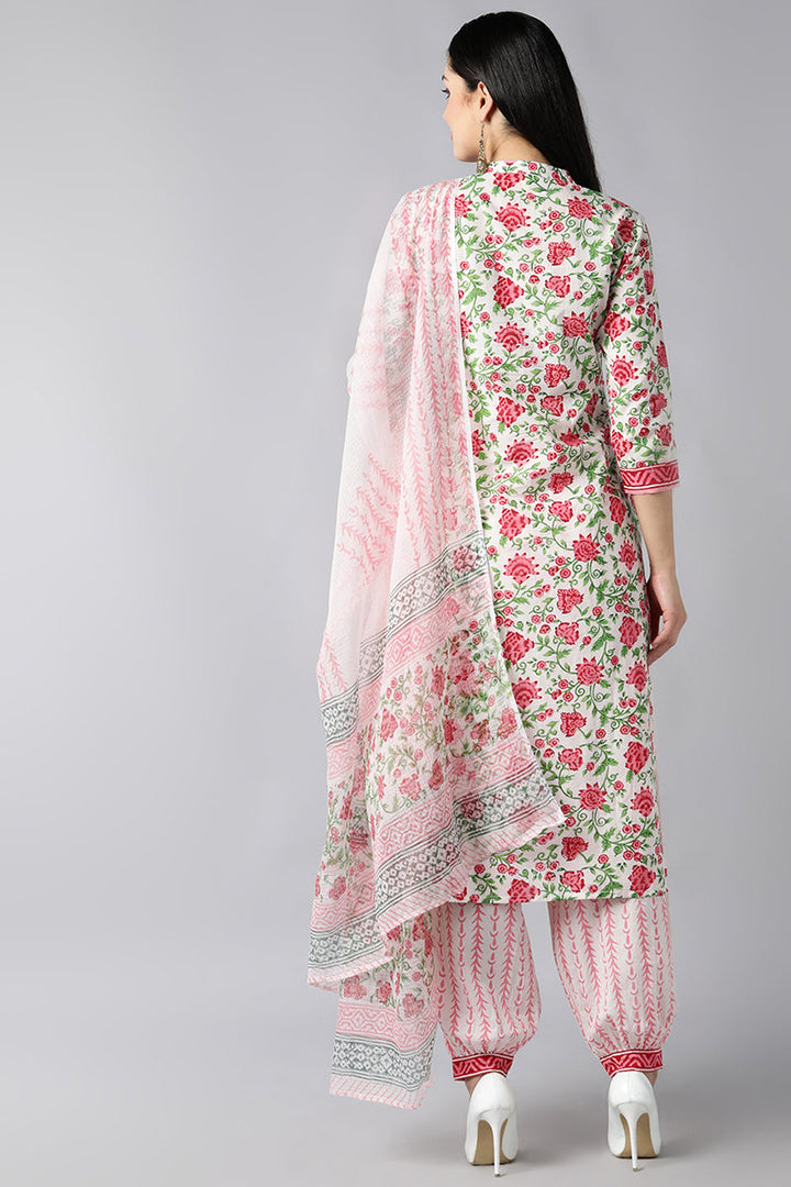 White Pink Printed Cotton Kurta with Salwar and Dupatta – Ahika | SHOBITAM
