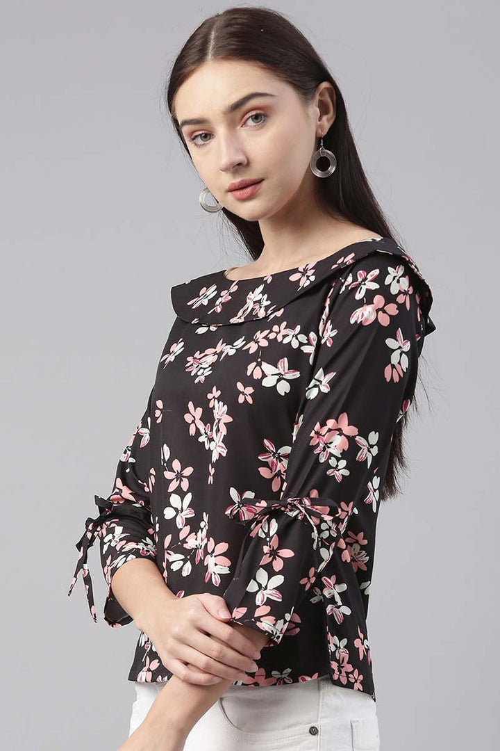 Black Georgette Floral Printed Regular Top   | SHOBITAM