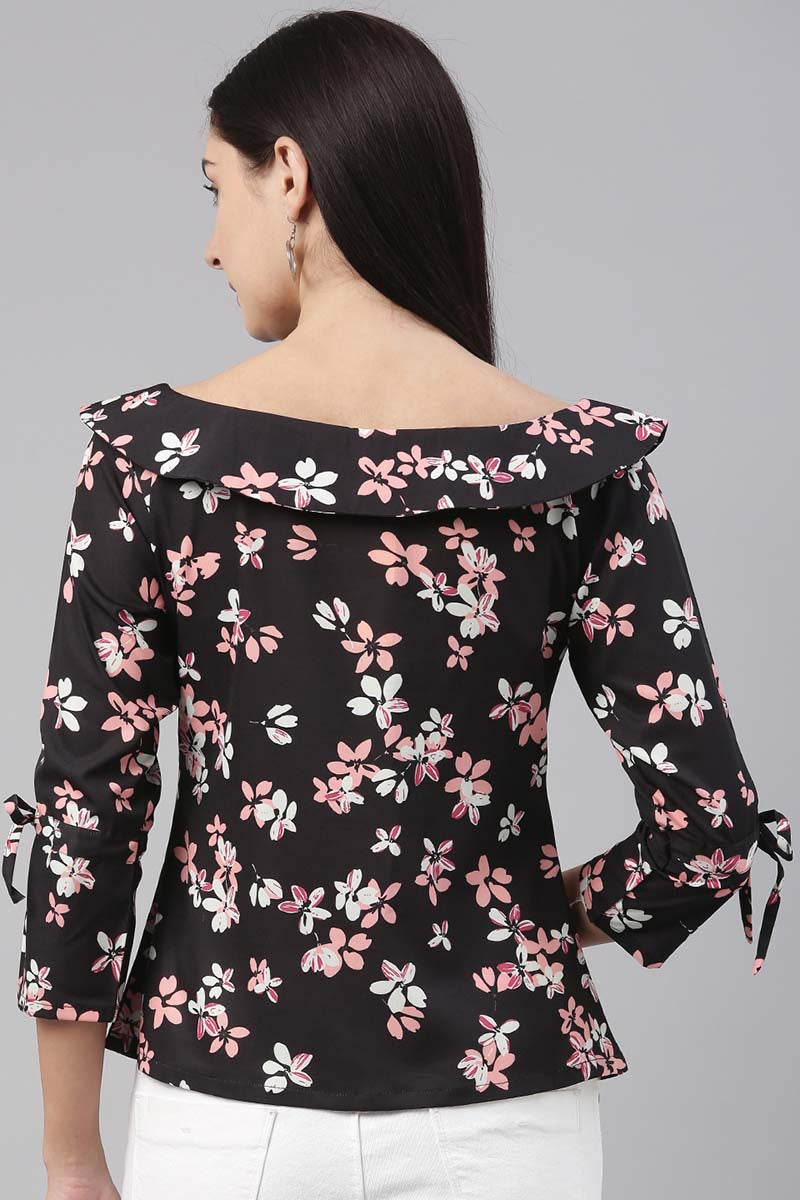 Black Georgette Floral Printed Regular Top   | SHOBITAM