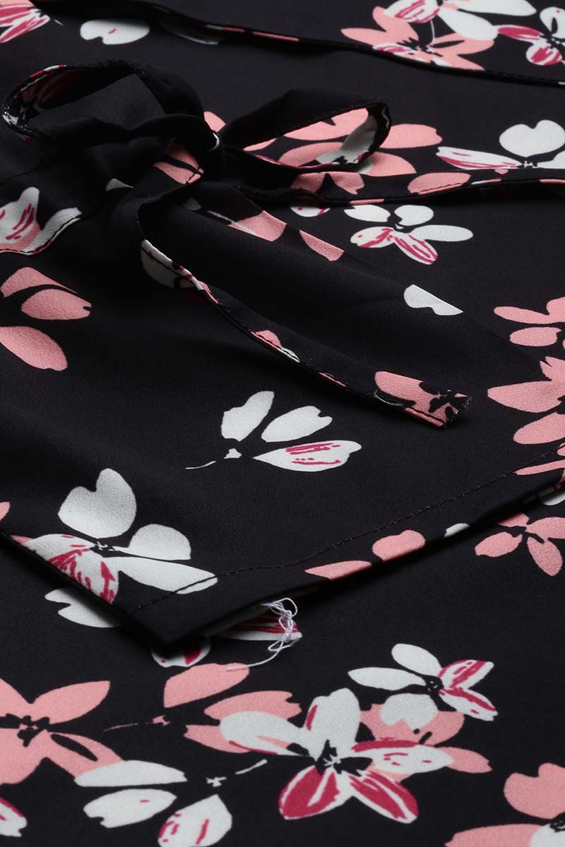 Black Georgette Floral Printed Regular Top   | SHOBITAM