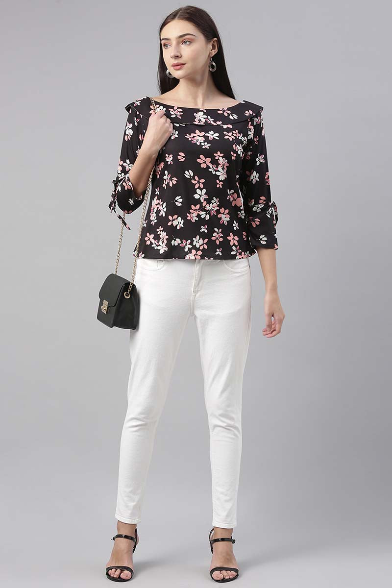 Black Georgette Floral Printed Regular Top   | SHOBITAM