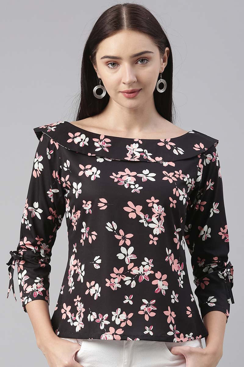Black Georgette Floral Printed Regular Top   | SHOBITAM