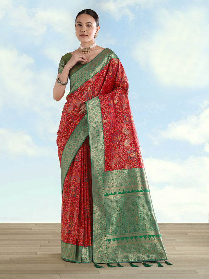 Red Banarasi Semi Silk Saree With Traditional Paisley Weaves | SHOBITAM