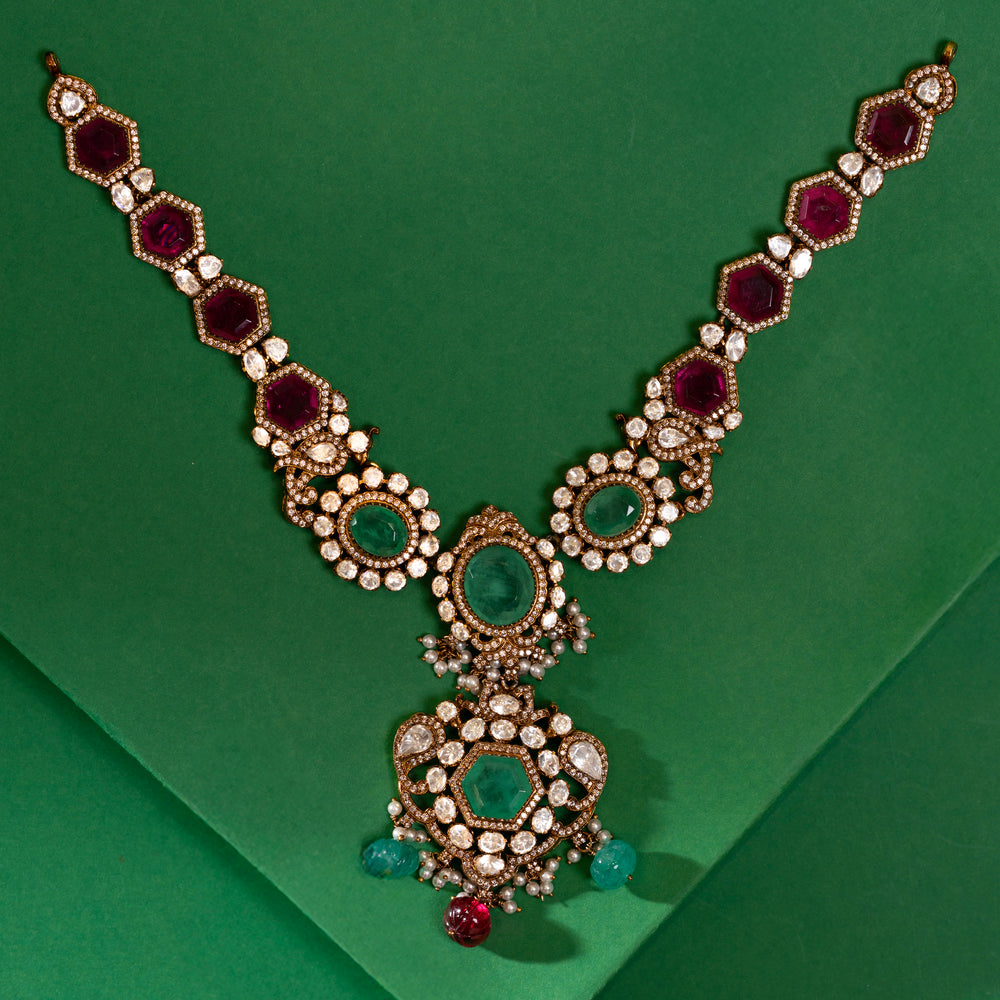 Pure 92.5 Silver, Gold Plated Rani Darbar Necklace Set