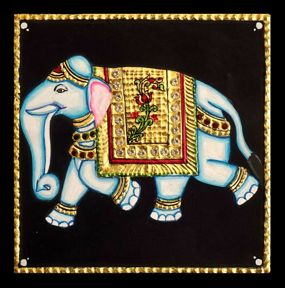 5*5 TANJORE PAINTING ELEPHANT Authentic With 22 Ct Gold Foil and Jaipur Gemstones,Unframed | SHOBITAM