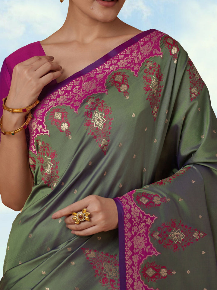 Olive Semi Banarasi Silk Blend Saree with Zari Woven Work | SHOBITAM