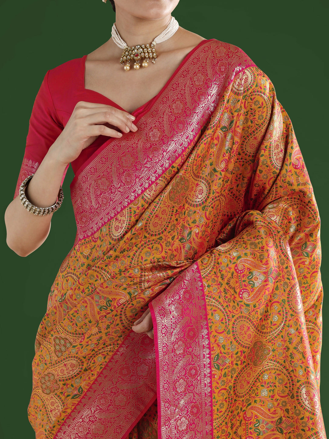 Mustard Banarasi Semi Silk Saree With Traditional Paisley Weaves | SHOBITAM