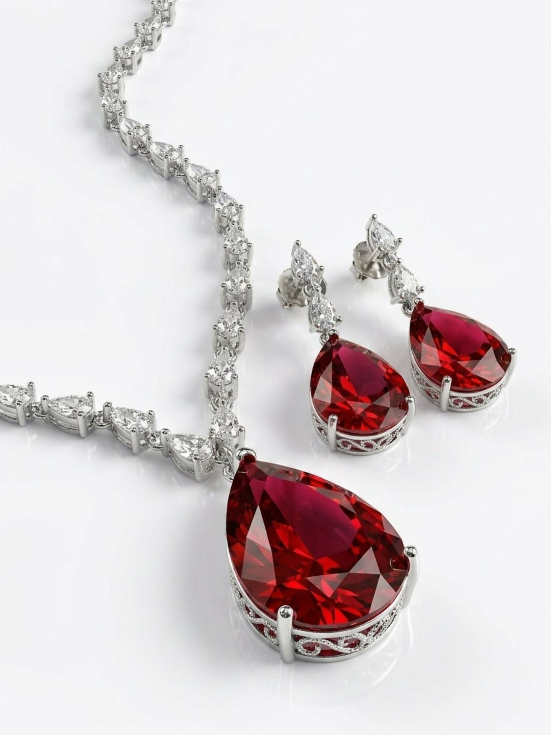 Silver Plated Drop American Diamond Necklace Set | SHOBITAM