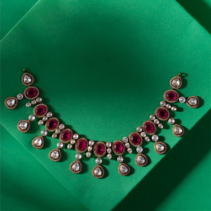 Pure 92.5 Silver, Victorian Necklace set With Pink and White Stones