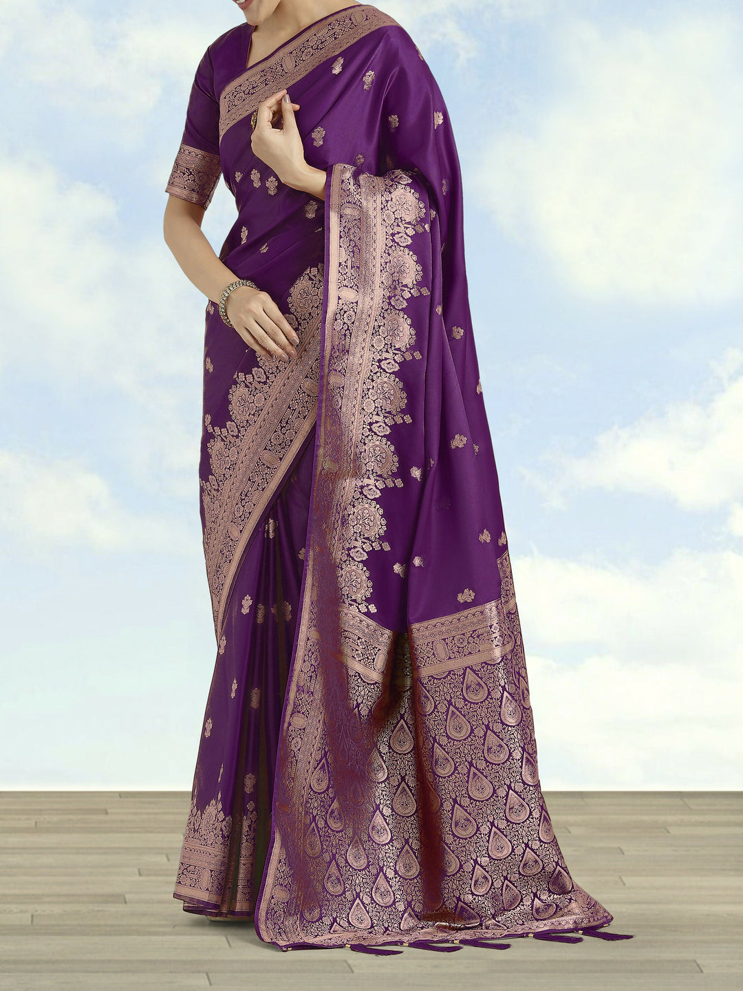 Purple With Gold Bordar Banarasi Satin Saree | SHOBITAM