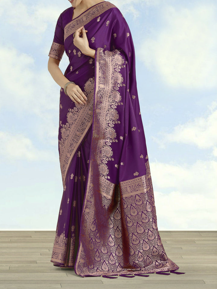Purple With Gold Bordar Banarasi Satin Saree | SHOBITAM