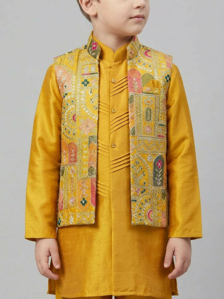 Boys Mustard Kurta Pajama Set with Printed Nehru Jacket | SHOBITAM