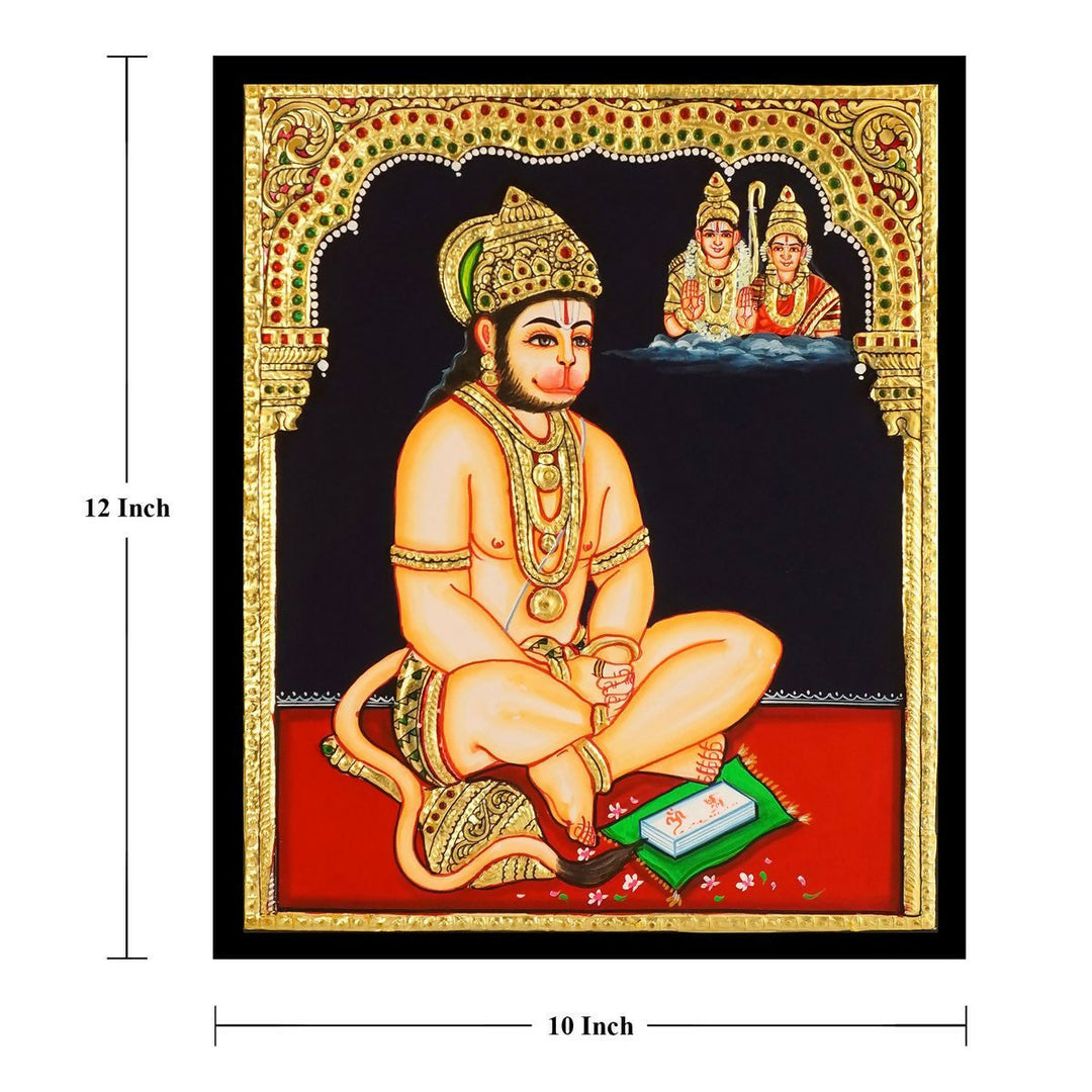 10*12 Authentic TANJORE PAINTING HANUMAN SITTING With 22 Ct gold Foil and Jaipur Gemstones,Unframed | SHOBITAM