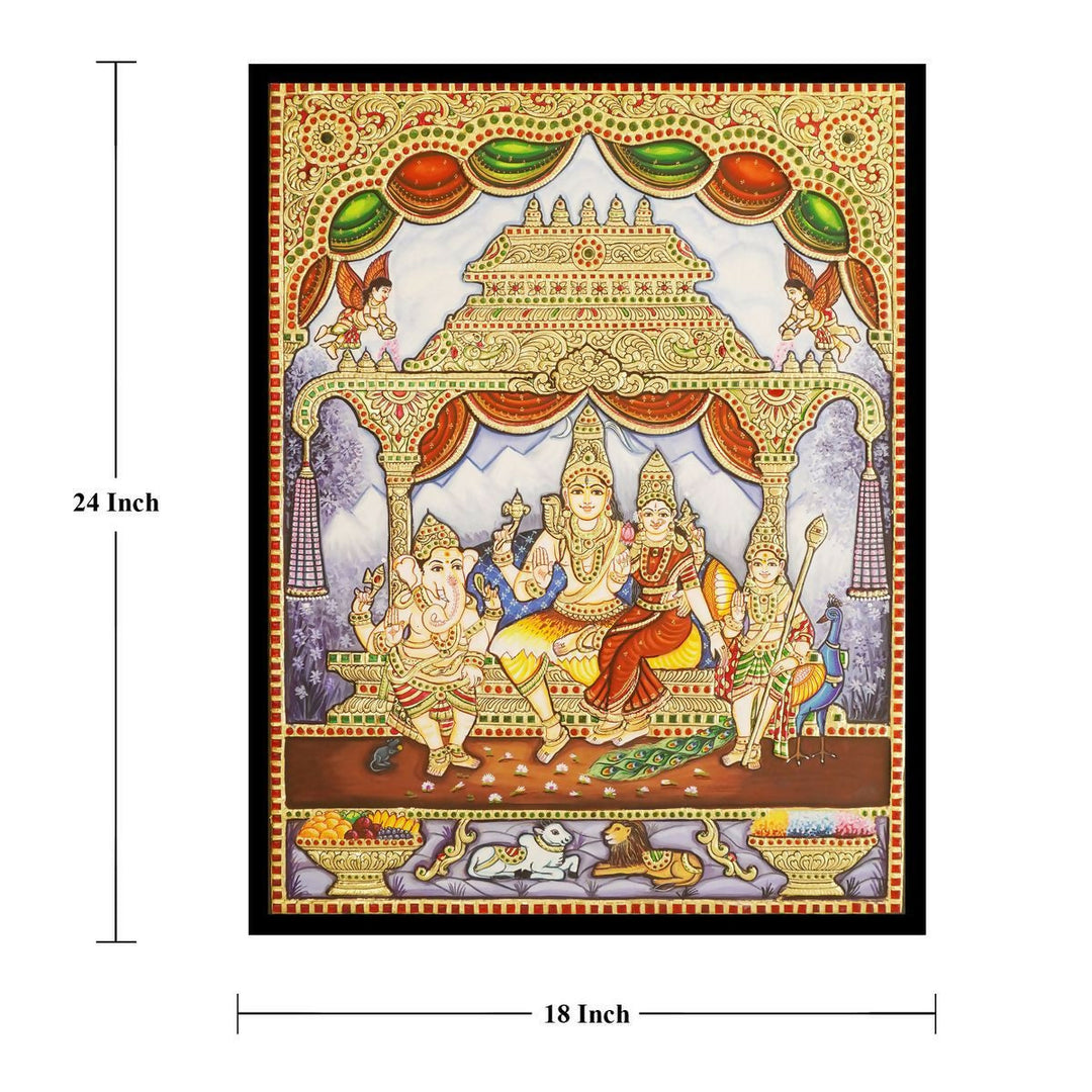 24 x 18 Shiva Family Authentic Tanjore painting with 22 Ct Gold Foil and Jaipur Gemstones, Unframed. | SHOBITAM