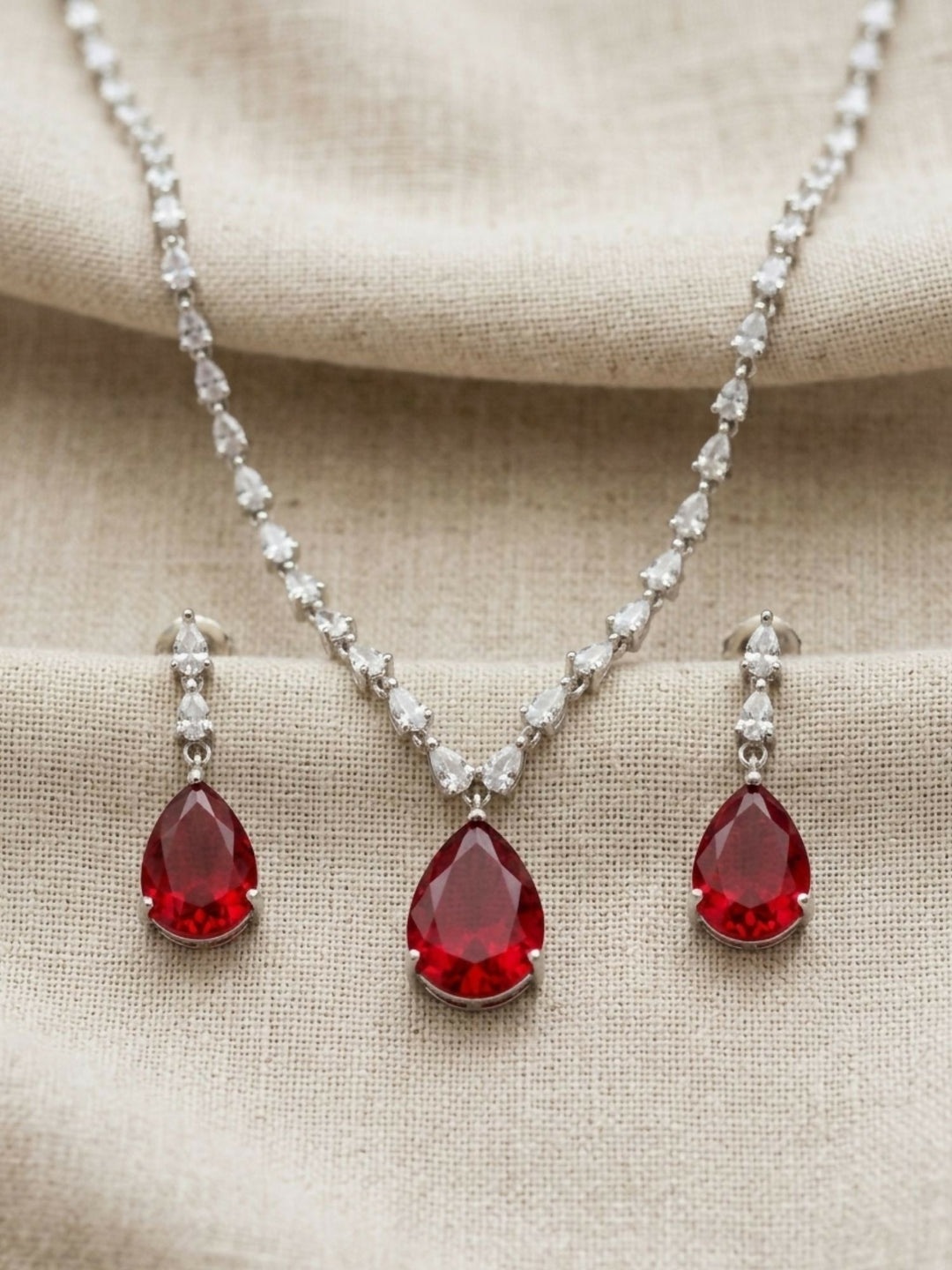 Silver Plated Drop American Diamond Necklace Set | SHOBITAM