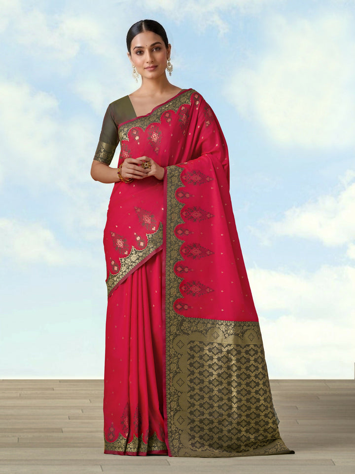 Pink Semi Banarasi Silk Blend Saree with Zari Woven Work | SHOBITAM
