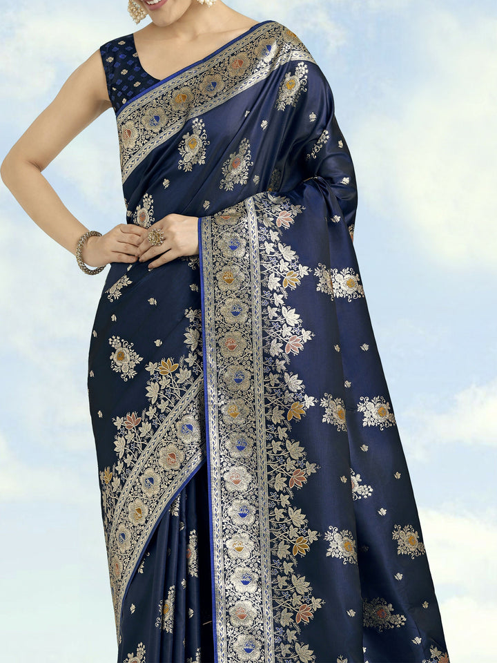 Dark blue Zari Woven Banarasi Satin Silk Saree | SHOBITAM