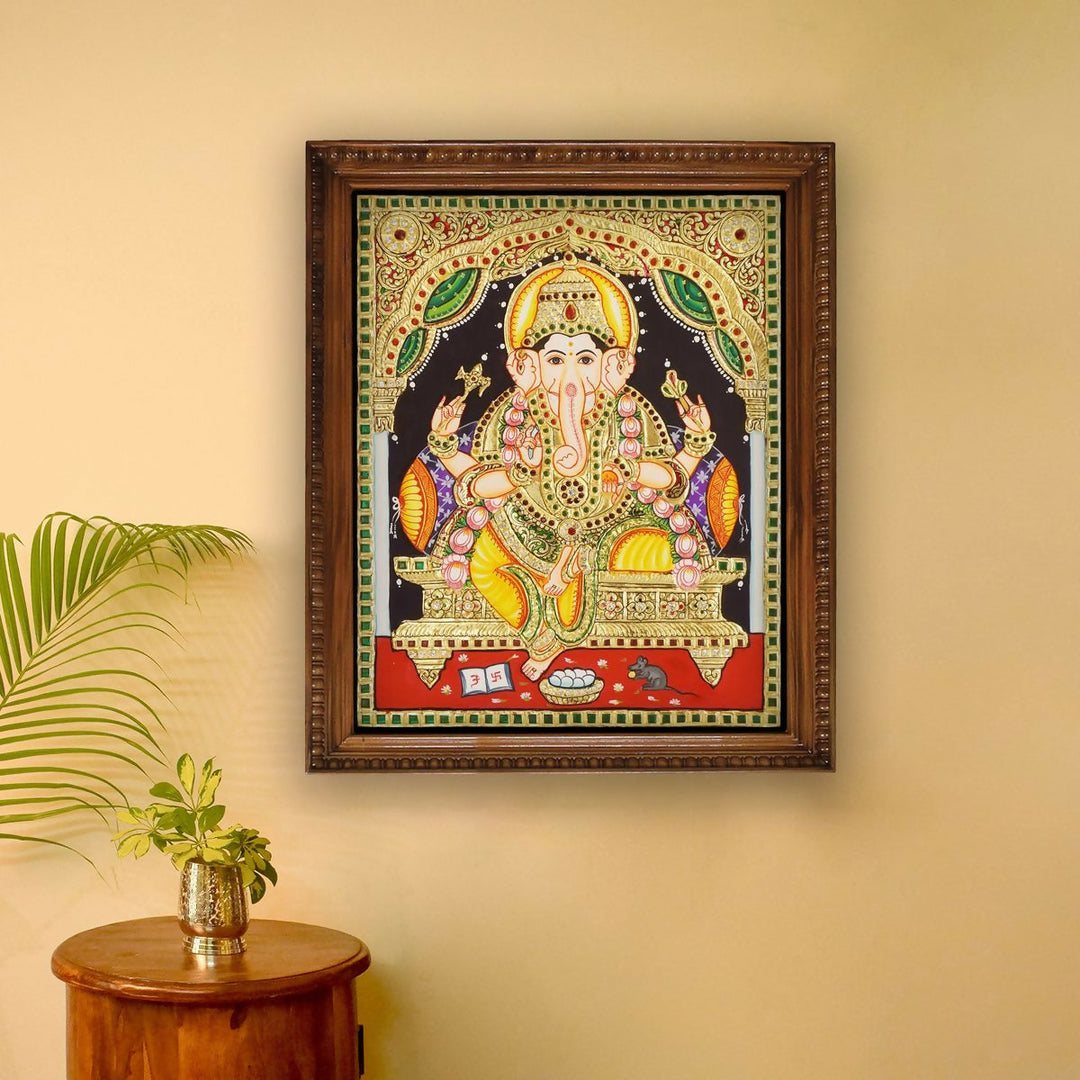 12*15 TANJORE PAINTING Lord Ganesha Authentic With 22 Ct Gold Foil and Jaipur Gemstones,Unframed | SHOBITAM