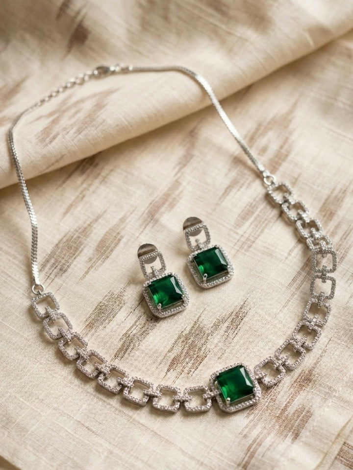 Classic Silver Plated American Diamond Necklace Set | SHOBITAM
