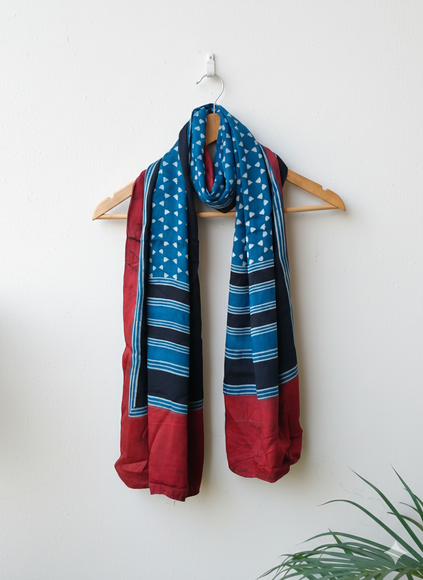Midnight Indigo Handcrafted Ajrakh Silk Stole | SHOBITAM