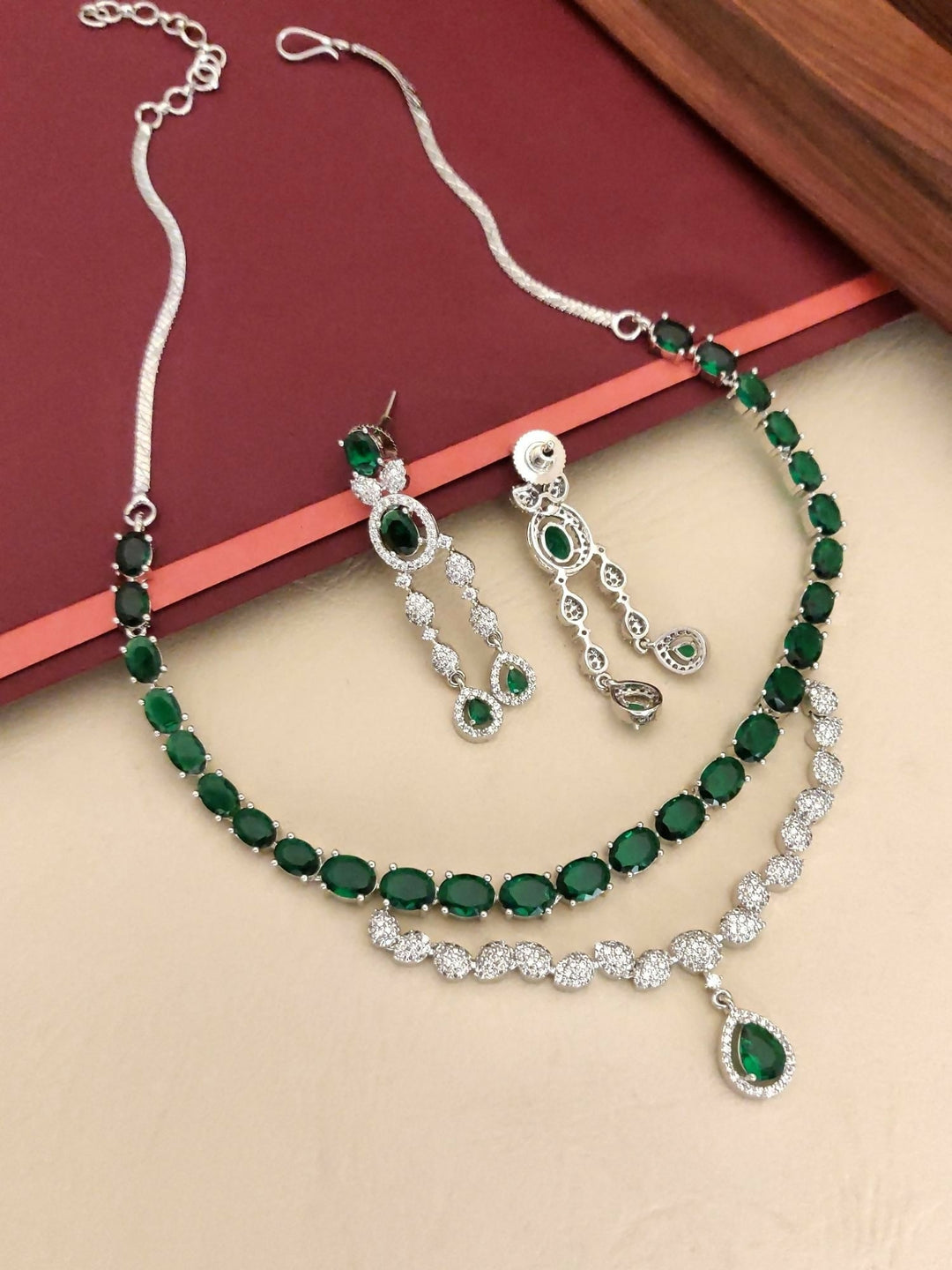 Silver Plated Green American Diamond Necklace Set | SHOBITAM